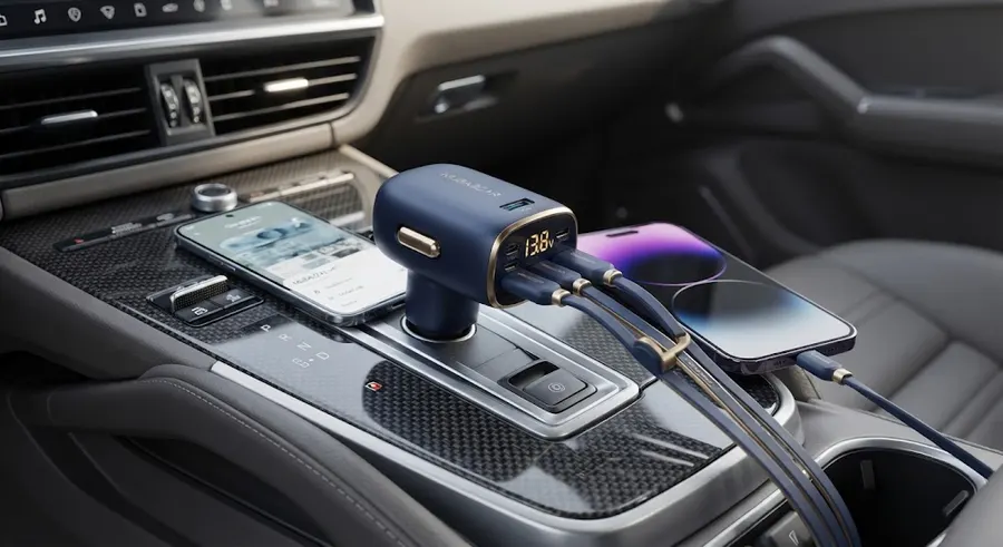 3-in-1 retractable car charger with glowing voltage display in a car console