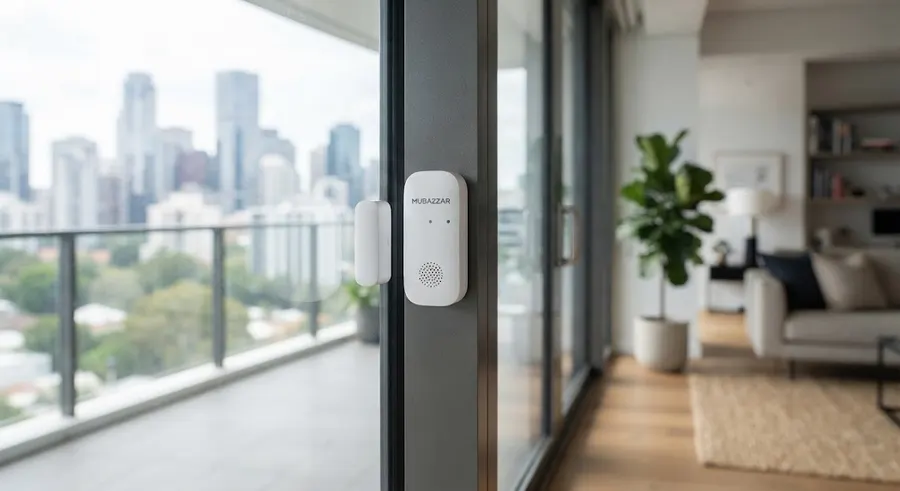 Magnetic wireless door alarm sensor mounted on a glass door