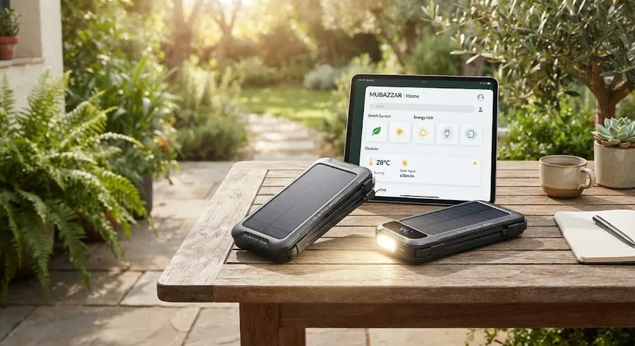 Ultra slim solar power bank with built-in cables on an outdoor desk