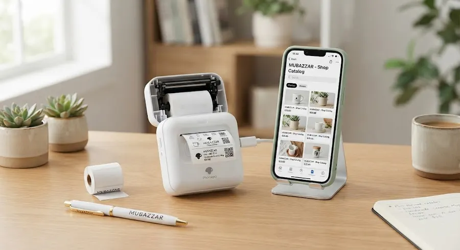 Pocket thermal printer printing stickers beside a smartphone