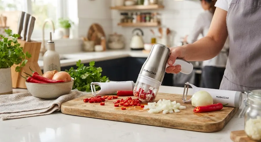 Cordless electric vegetable chopper chopping chilli and onions on a kitchen counter