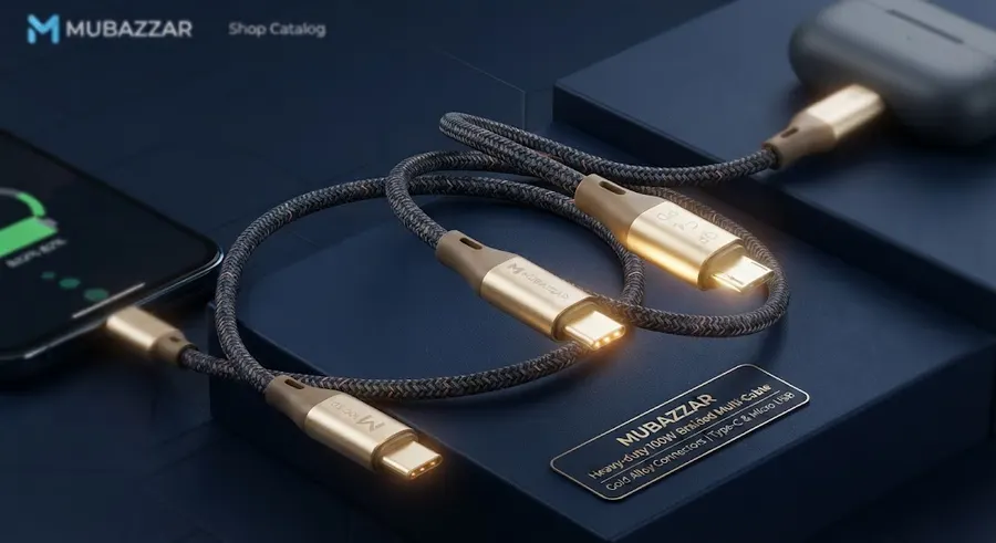 Braided 100W multi charging cable with gold connectors on a dark blue background