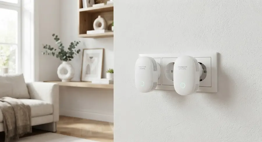 Two ultrasonic pest repeller plug-ins in a clean white home interior