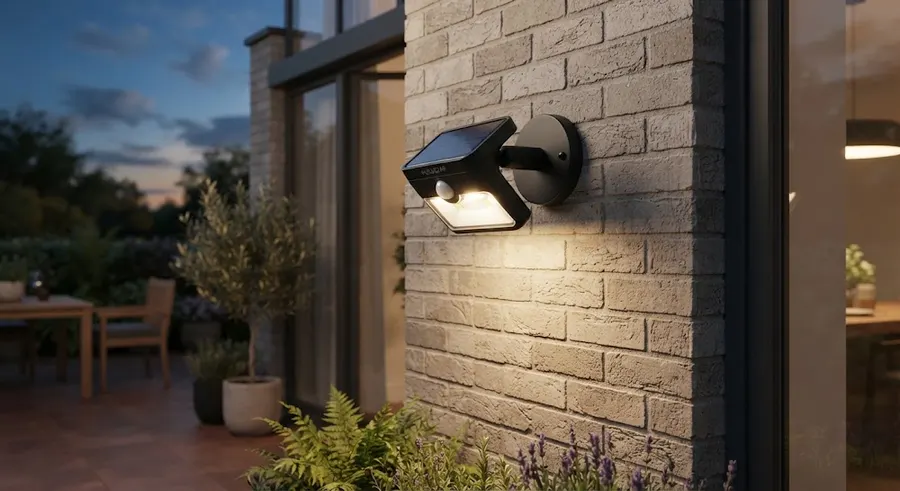360 degree rotatable magnetic solar wall light glowing on a brick wall at dusk