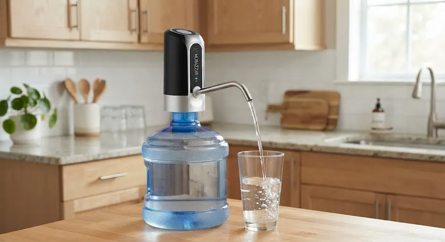 Rechargeable water dispenser pump mounted on a 20 litre bottle